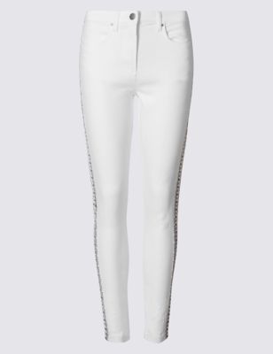 Embroidered Mid Rise Skinny Leg Jeans